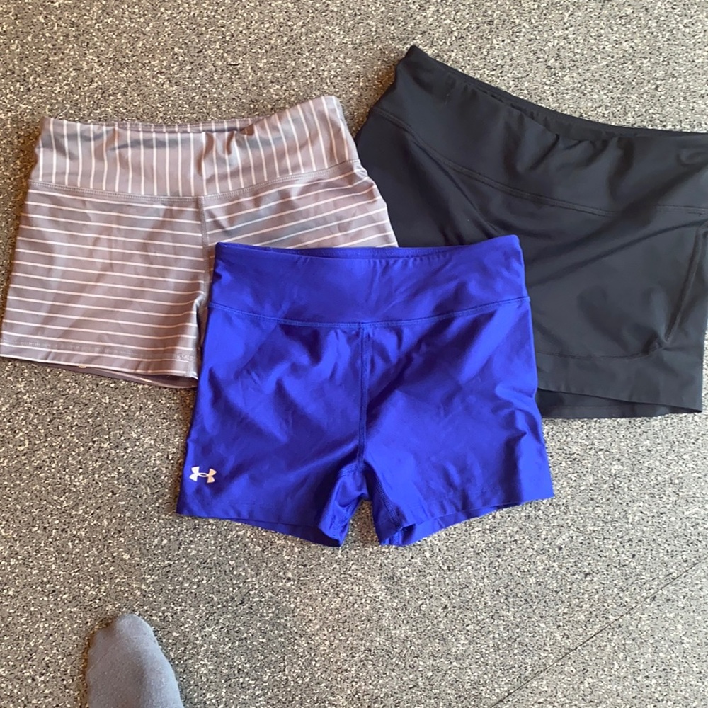 3 pairs of workout shorts. ASICS, IABMFG, UA